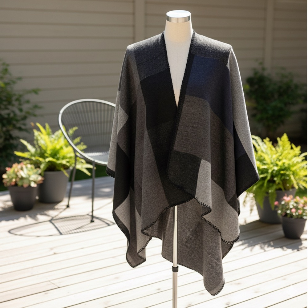 Plaid Poncho Wrap in Black and Gray